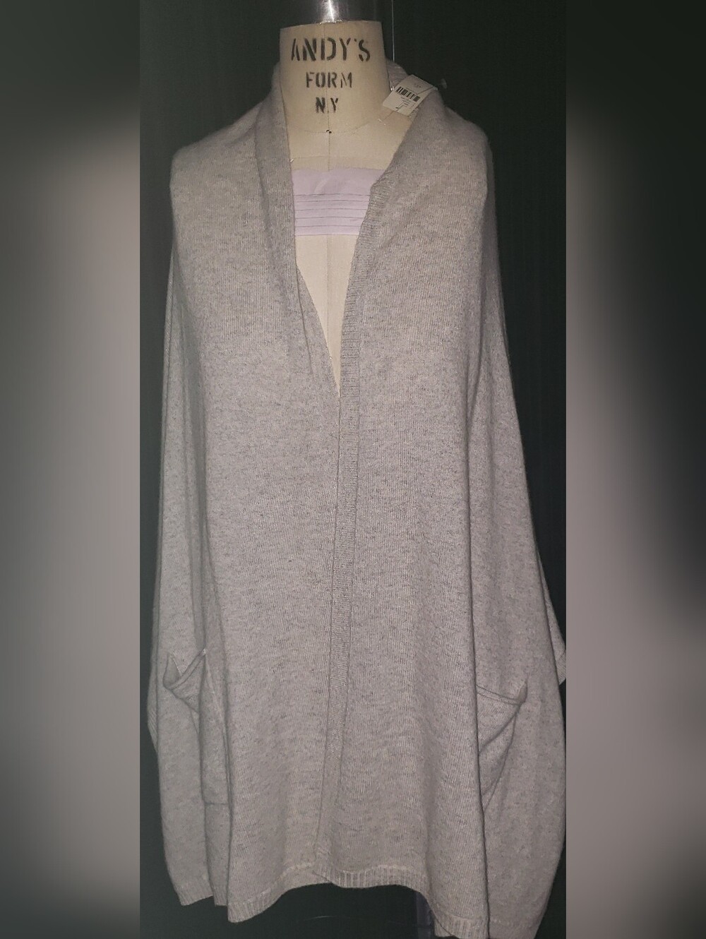 100% Casmere Heather Gray Cape Wraparound Pocket Cardigan Batman Cuff Sleeves